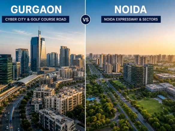 Noida vs Gurgaon investment comparison showing the modern skylines of both NCR real estate markets in 2026.
