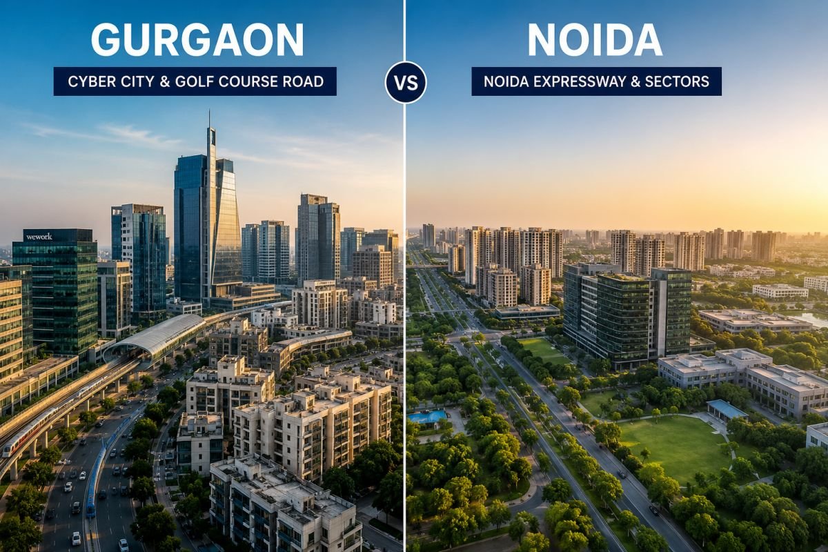 Noida vs Gurgaon investment comparison showing the modern skylines of both NCR real estate markets in 2026.