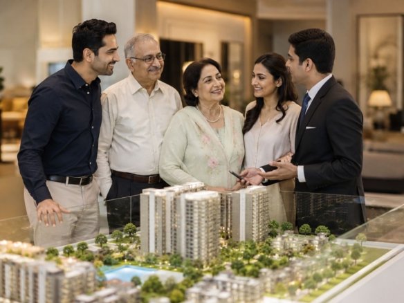 Happy retired Indian couple choosing their ideal retirement home with family