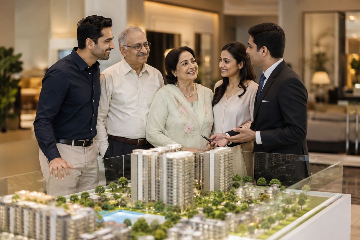 Happy retired Indian couple choosing their ideal retirement home with family