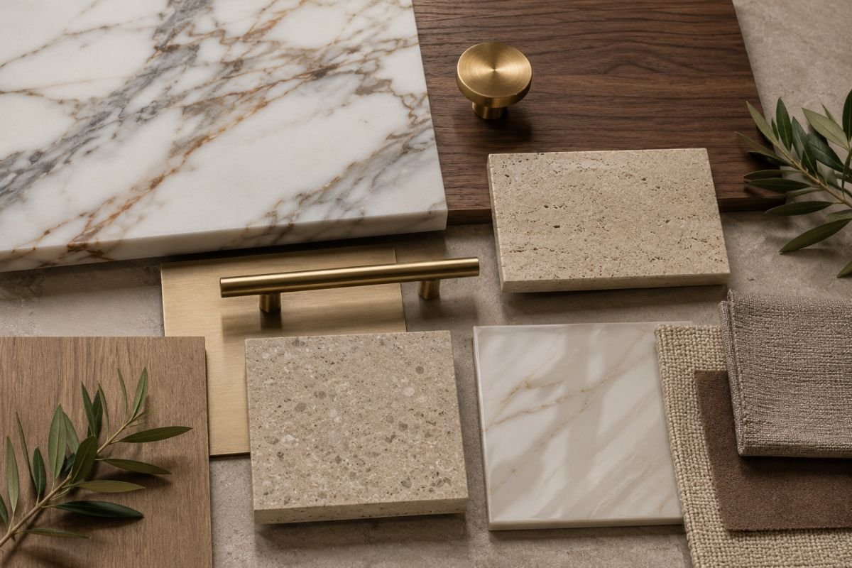 Premium marble, walnut veneer, brass and porcelain finishes in luxury interiors