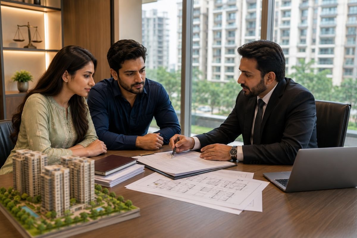 Property lawyer reviewing builder buyer agreement before home purchase