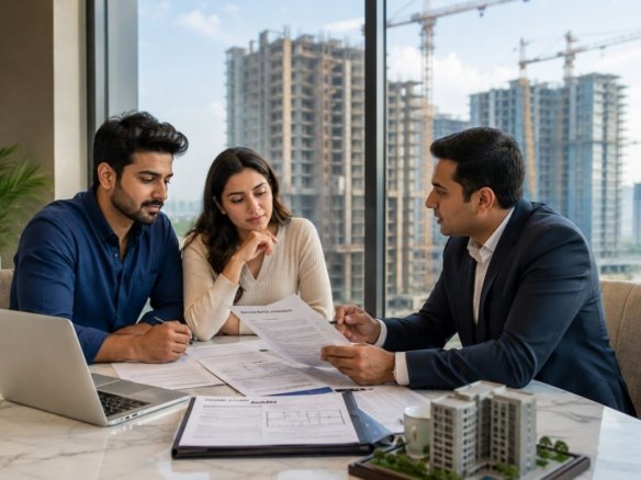 Homebuyer reviewing delayed possession documents under RERA with a modern residential project in Gurgaon