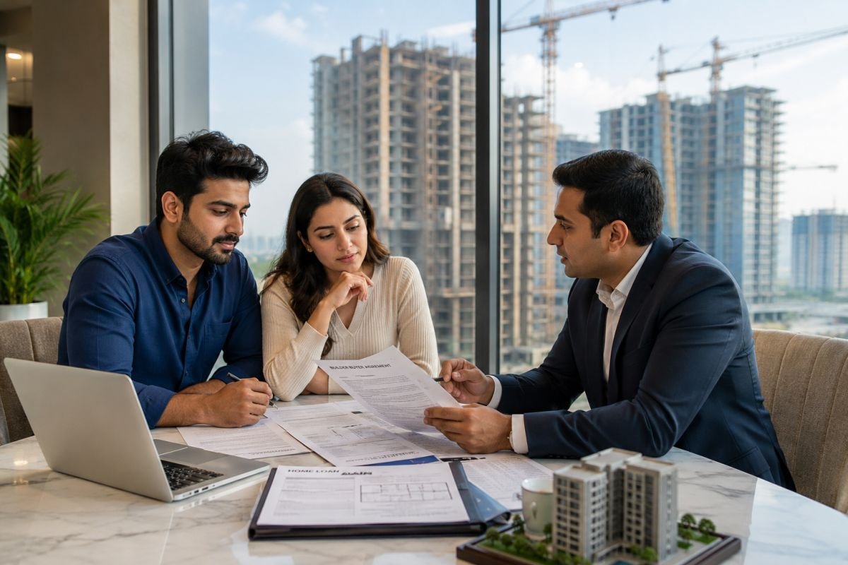 Homebuyer reviewing delayed possession documents under RERA with a modern residential project in Gurgaon