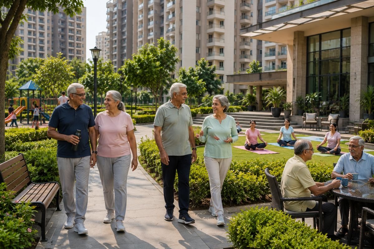 Senior citizens enjoying walking trails and clubhouse amenities
