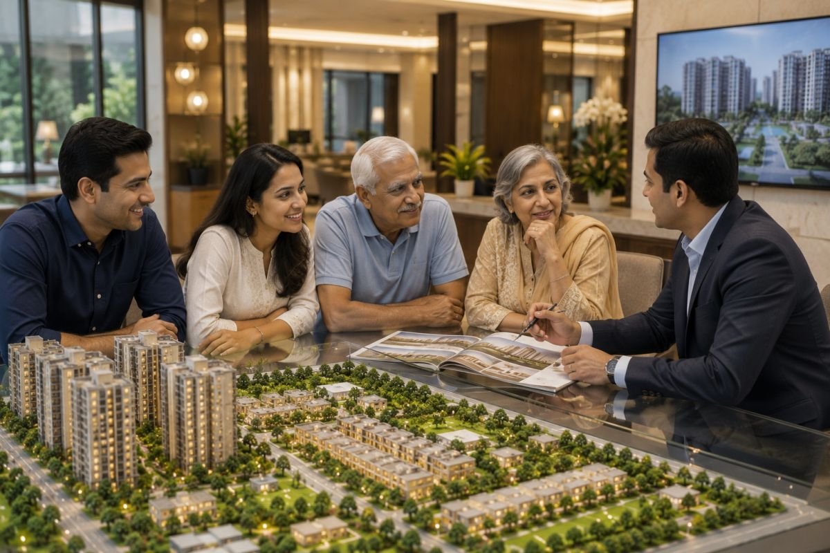 Family discussing retirement property options with a real estate advisor