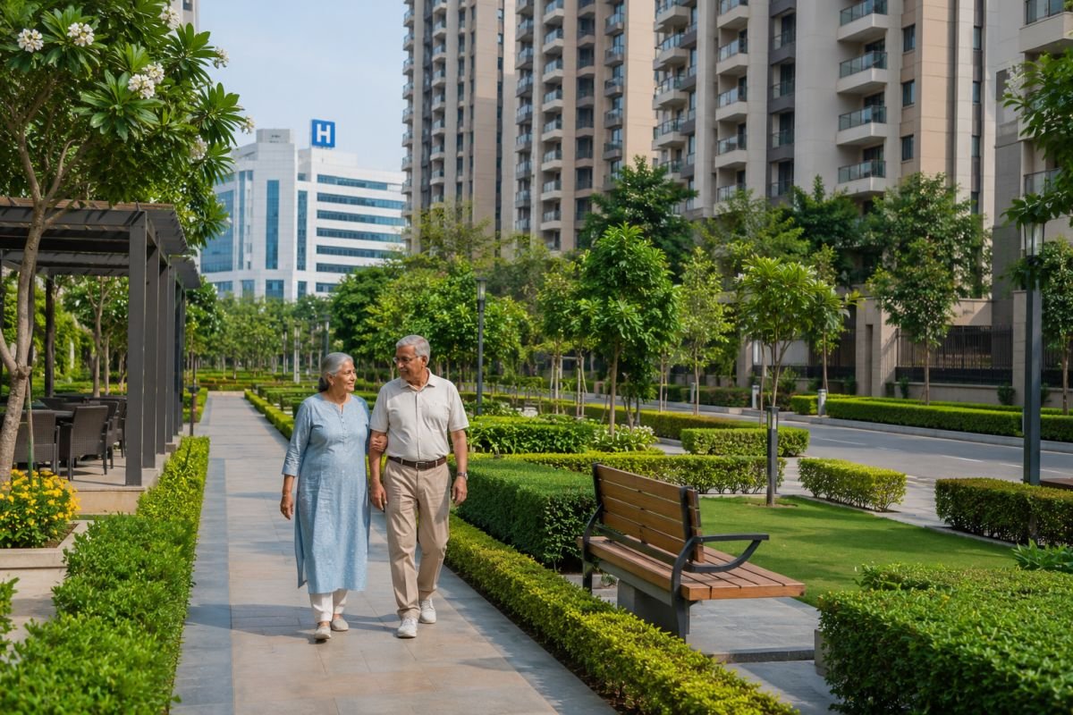 Senior couple walking in a green residential community near healthcare facilities