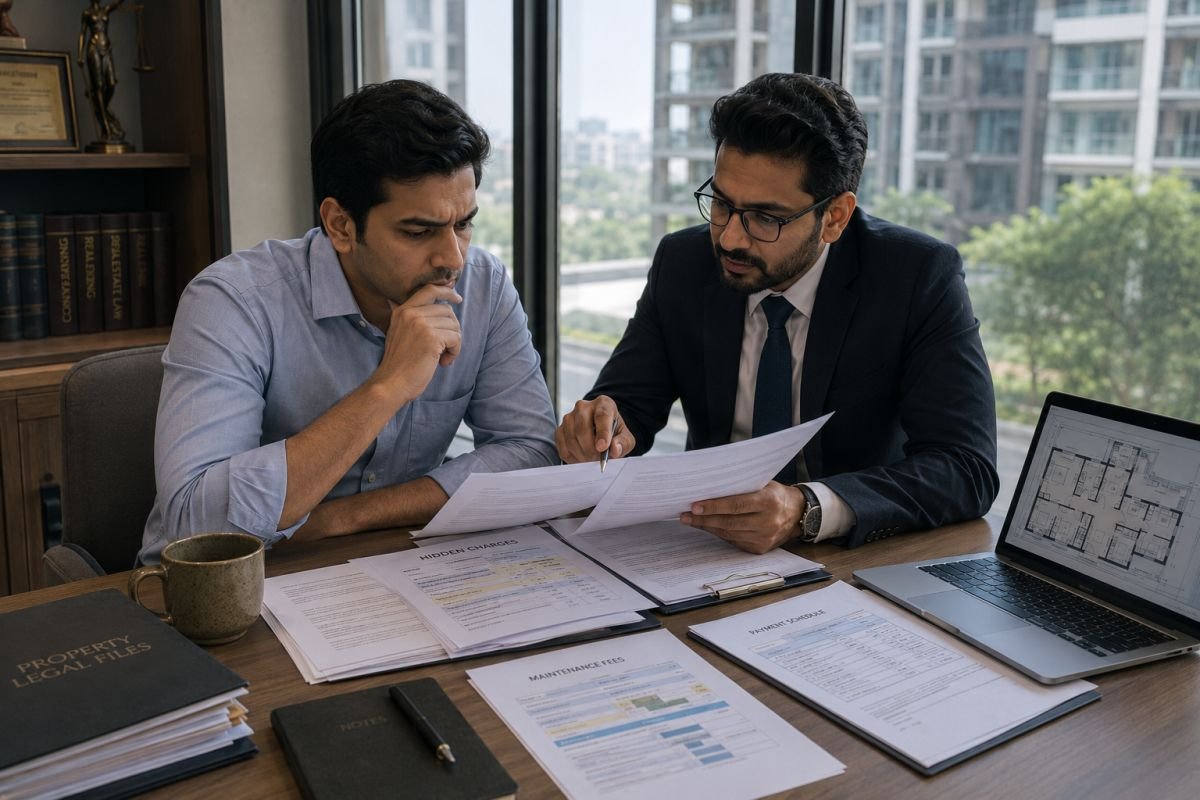 Property buyer reviewing legal documents before purchasing a home in Gurgaon