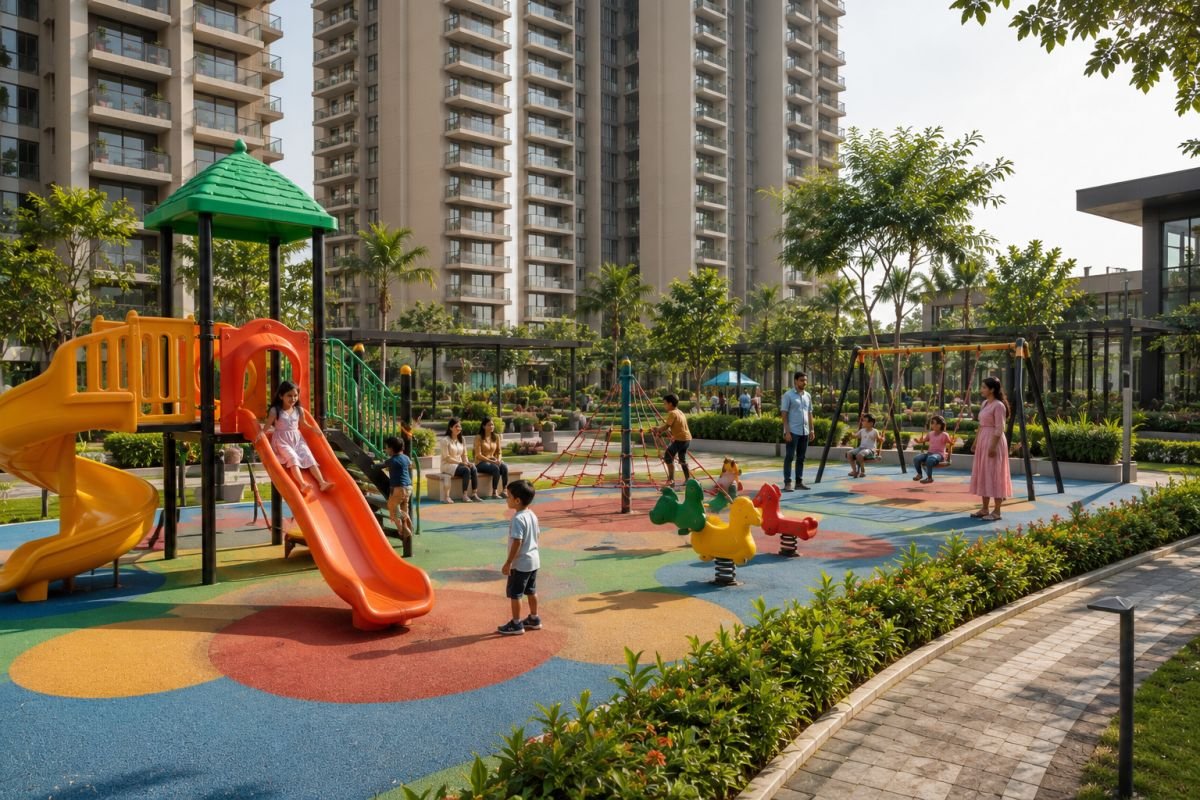 Children enjoying safe outdoor play area in a gated Kid-Centric Homes residential community