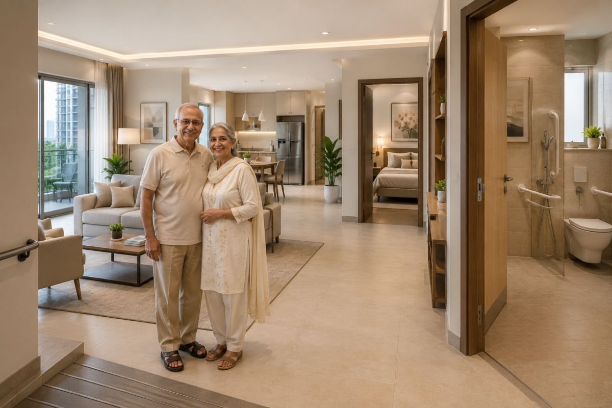Accessible retirement home with wide corridors and non-slip flooring