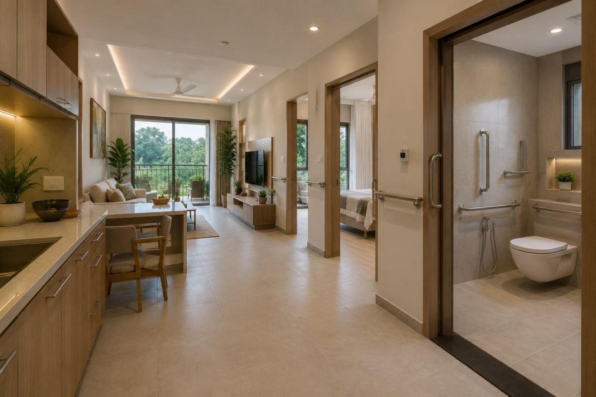 Accessible home interior with anti-skid flooring and grab bars for seniors