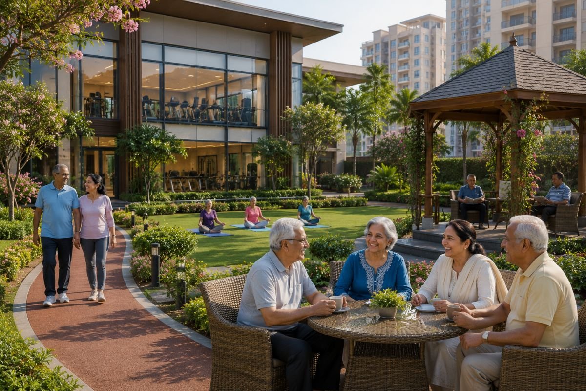 Elderly residents enjoying walking trails and clubhouse amenities