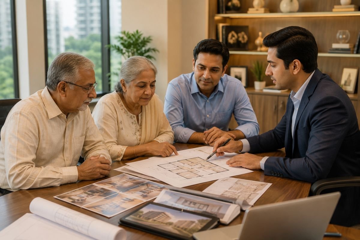 Family discussing senior living property purchase with real estate advisor