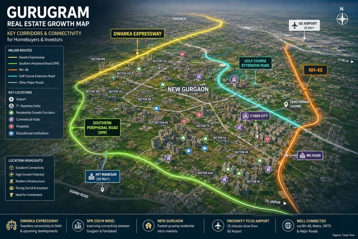 Map showing Signature Global project locations across Dwarka Expressway, SPR, and New Gurgaon