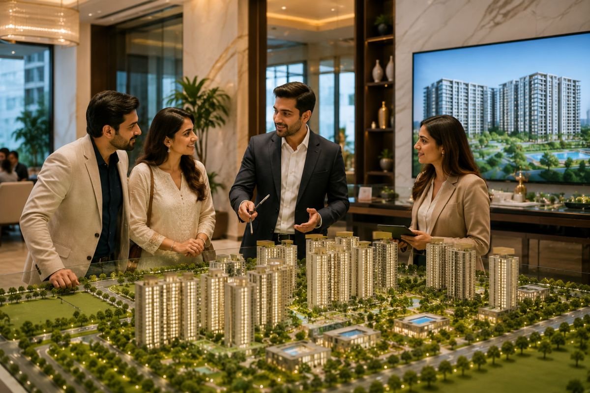 Indian family choosing a modern home with expert property advisor