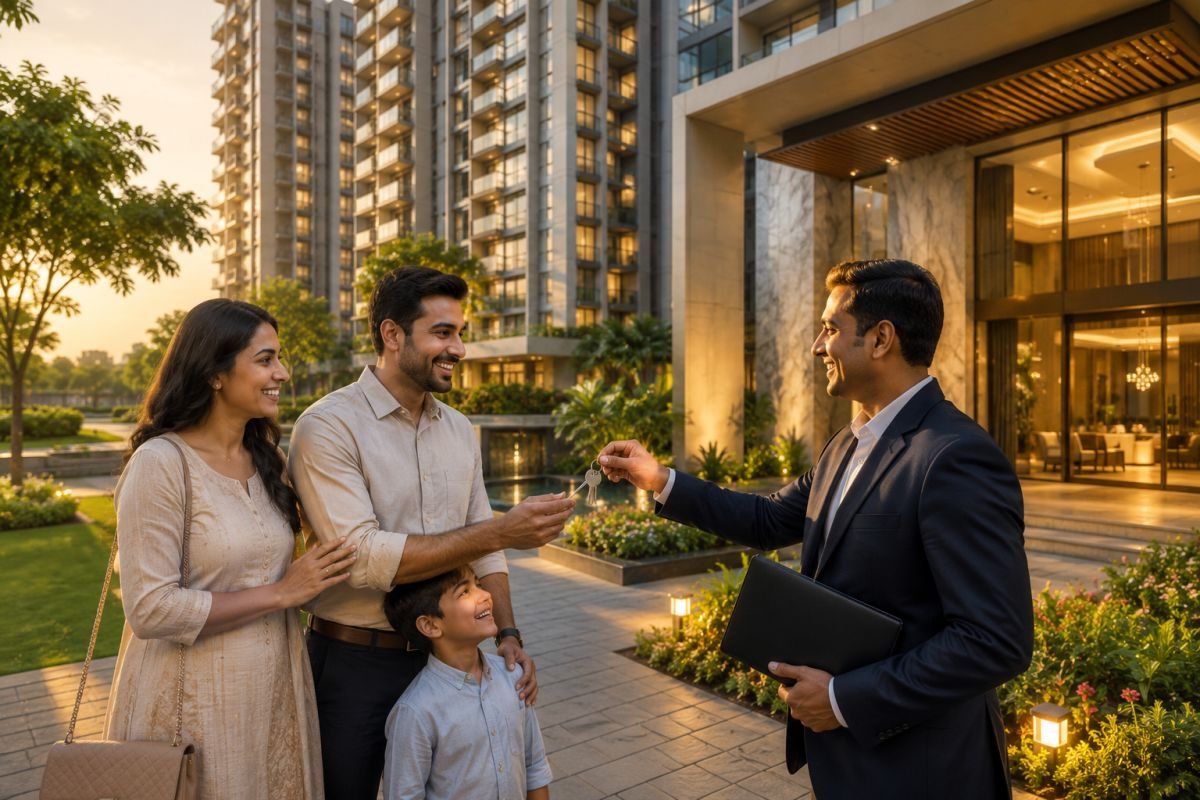Happy family receiving keys to a luxury apartment in Gurgaon