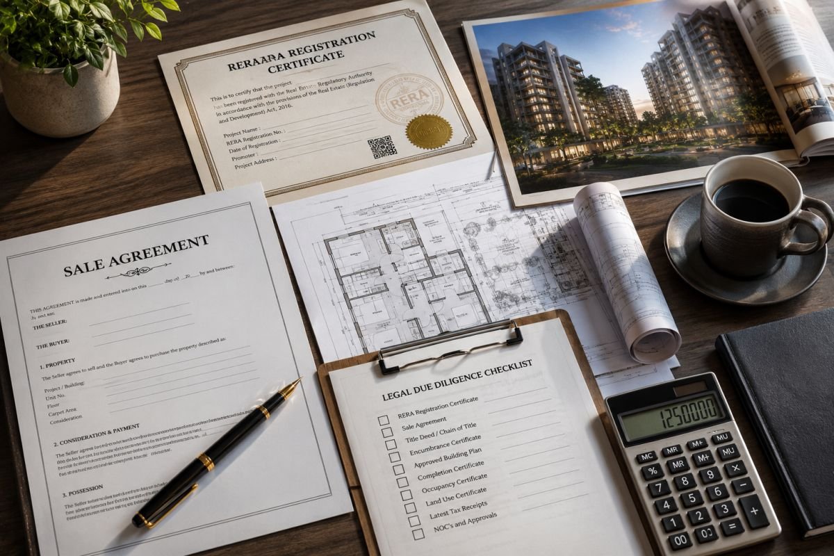 Homebuyer reviewing legal documents before booking Sobha Aranya