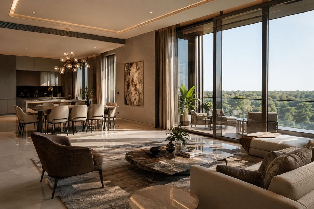 Spacious luxury living room in Sobha Aranya apartment