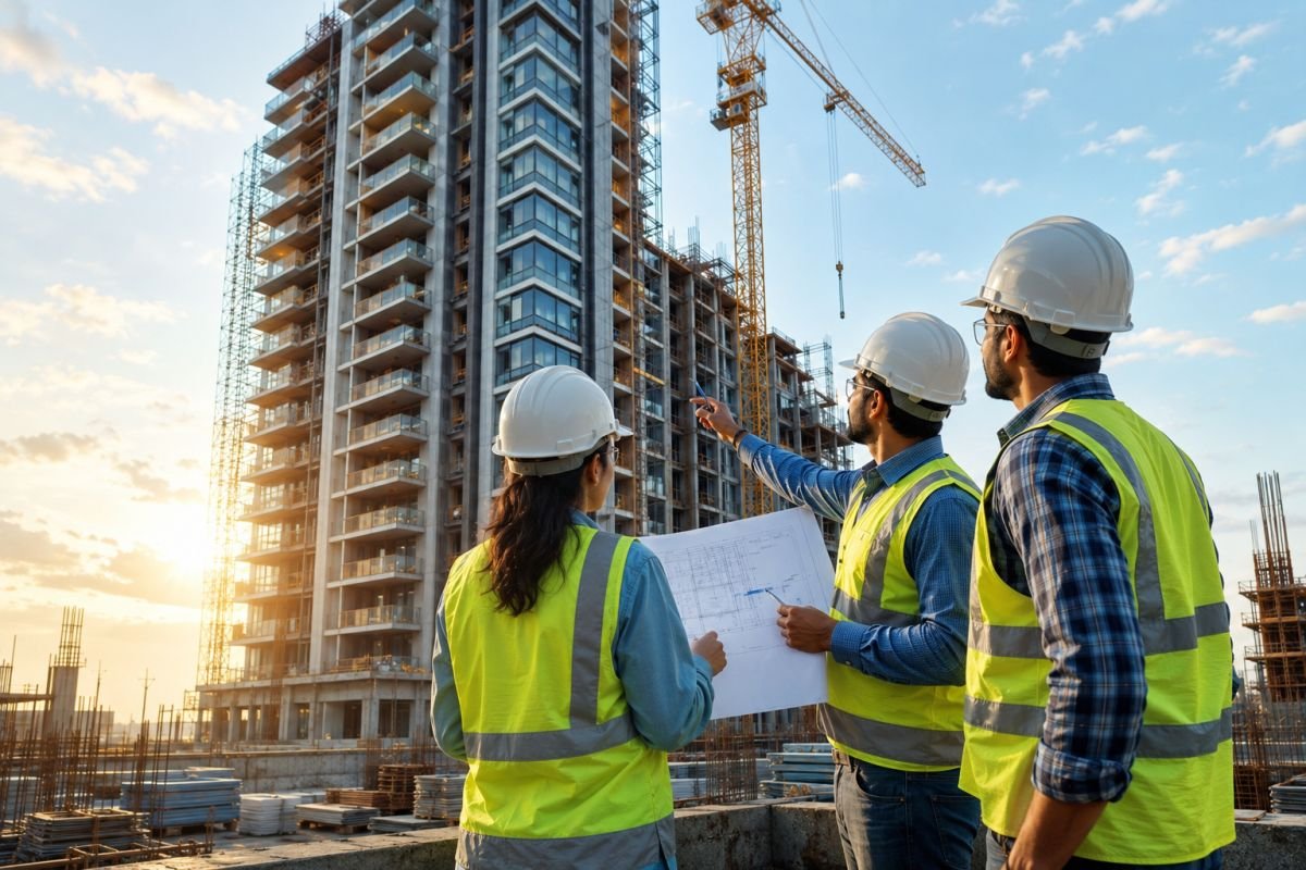 Engineers inspecting premium residential construction at a Sobha project