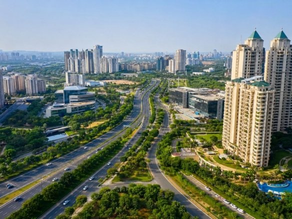 Aerial view of Southern Peripheral Road Gurgaon showing luxury residential developments and modern road infrastructure