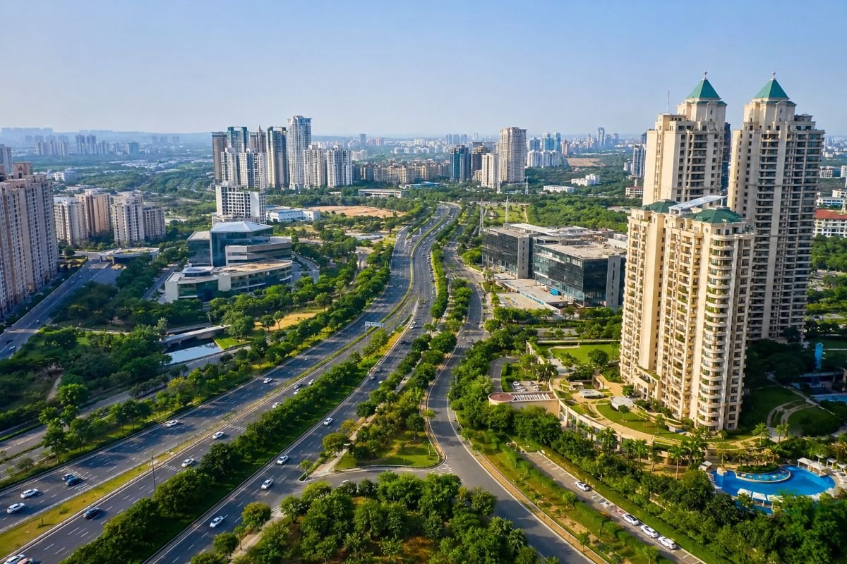 Aerial view of Southern Peripheral Road Gurgaon showing luxury residential developments and modern road infrastructure