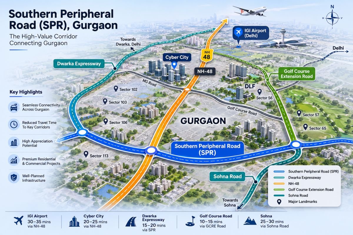 Map showing Southern Peripheral Road connectivity with Golf Course Extension Road NH-48 Sohna Road and Dwarka Expressway