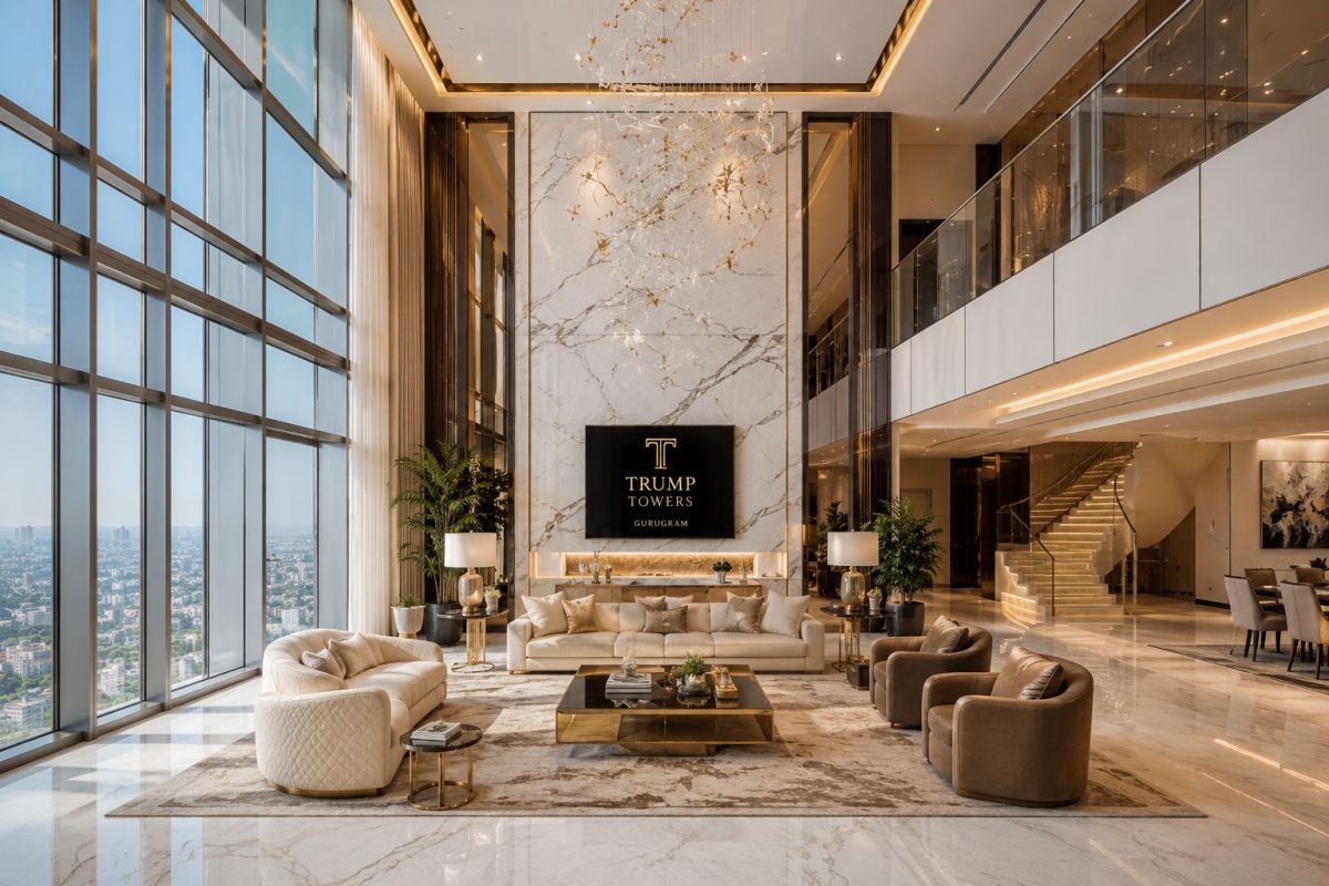 Double-height luxury living room inside Trump Tower Gurgaon apartment