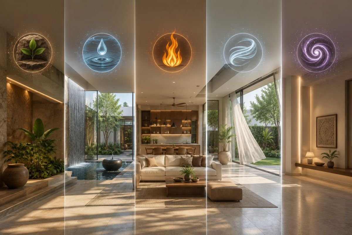 Five elements of Vastu illustrated inside a modern residential home