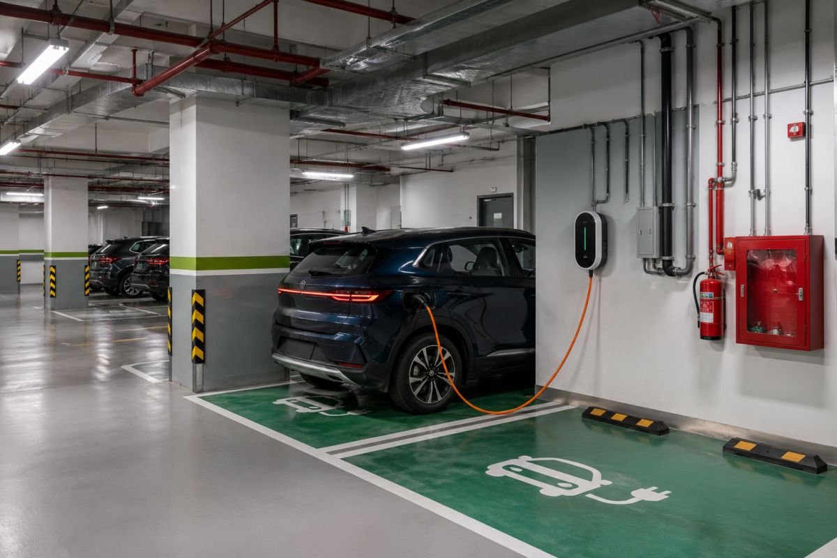 Basement EV charging station with fire safety measures in Gurgaon