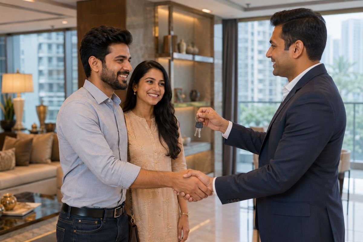 Indian couple receiving keys to their new Gurgaon apartment after home loan approval