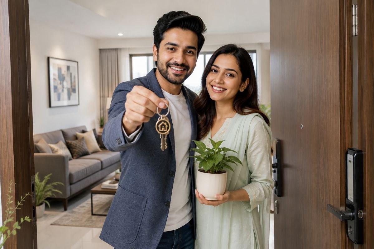 Happy couple holding keys to their new home in Gurgaon after securing joint home loan approval