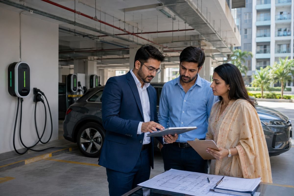 Buyer inspecting EV charging infrastructure in Gurgaon apartment