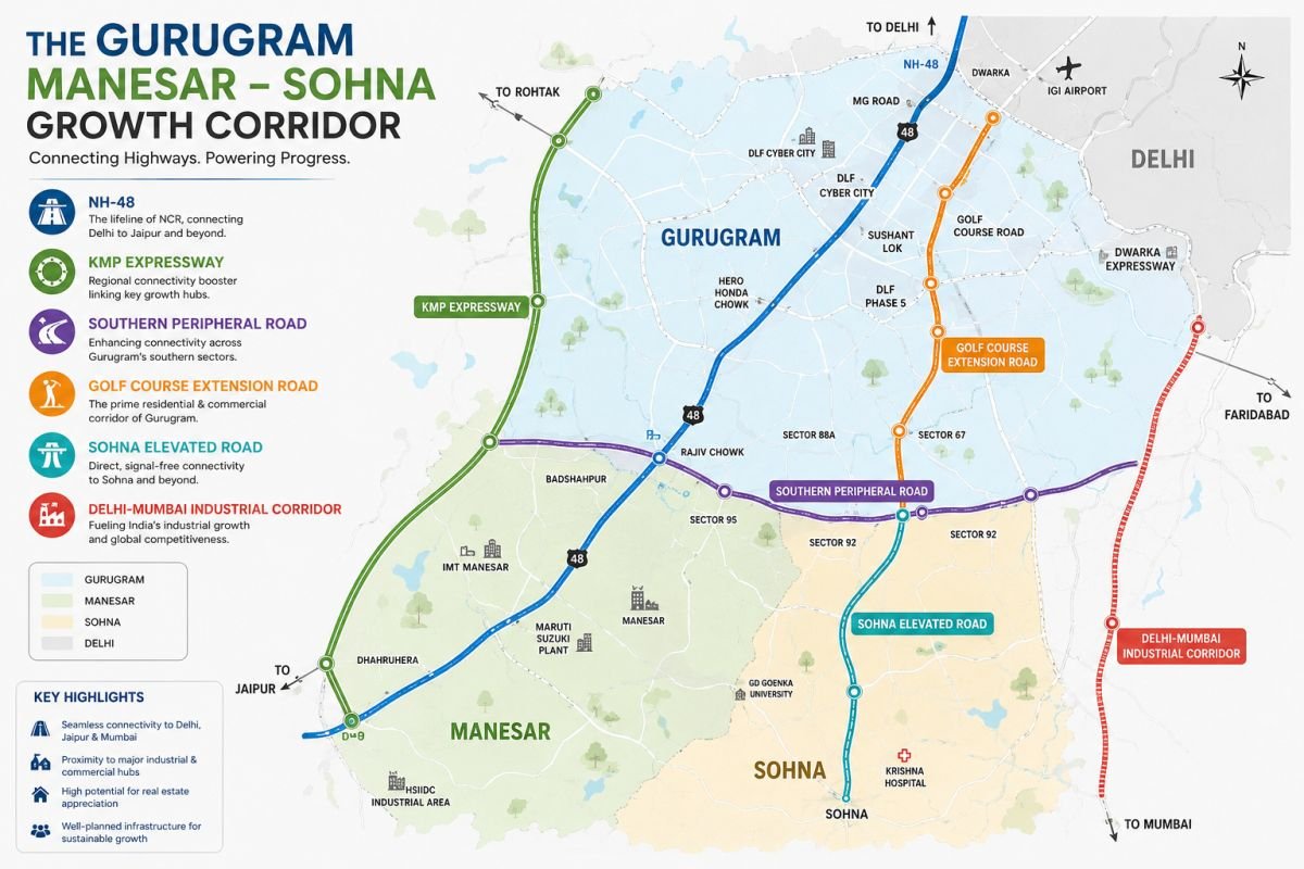 Illustrated map of Gurgaon Manesar Sohna Corridor showing NH-48, KMP Expressway, SPR and Sohna