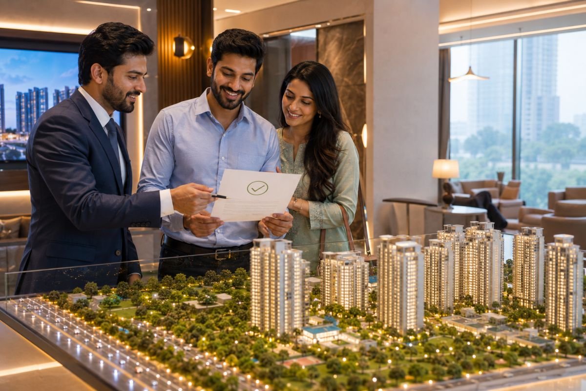 Homebuyers visiting luxury residential project in Gurgaon with loan approval