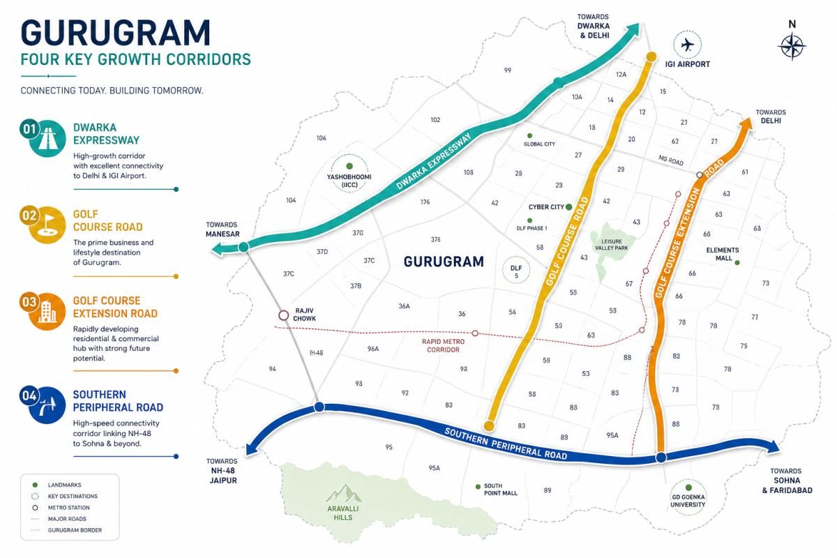 Stylized map highlighting key Gurgaon property corridors including Dwarka Expressway, Golf Course Road, and SPR for joint home loan buyers