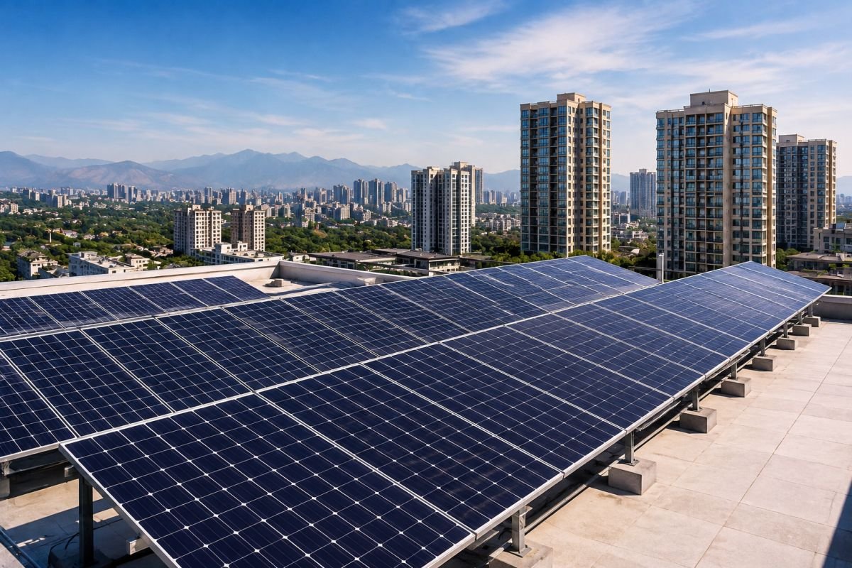Solar panels receiving strong sunlight on a Gurgaon rooftop
