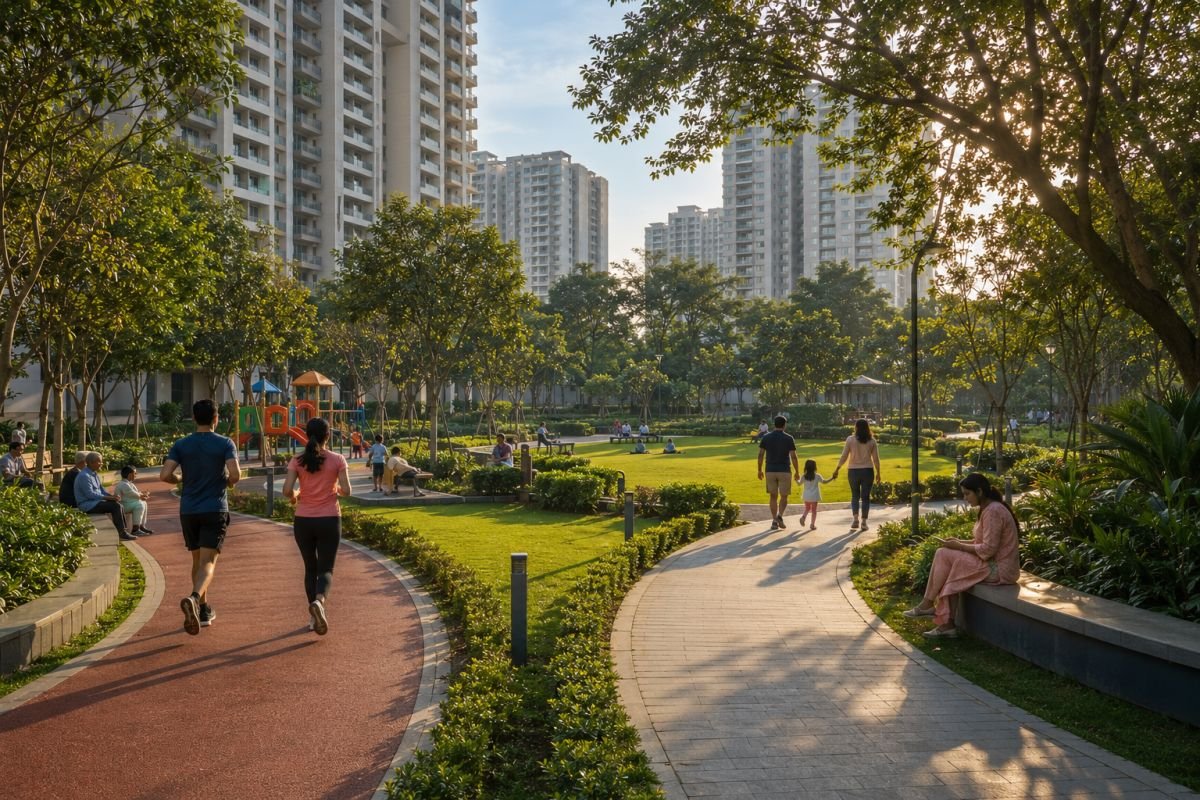 Green landscaped township with central park jogging track and children's play area in Gurgaon