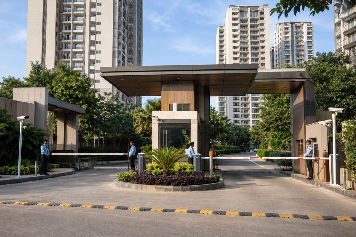 Gated township security entrance with CCTV and controlled access in Gurgaon