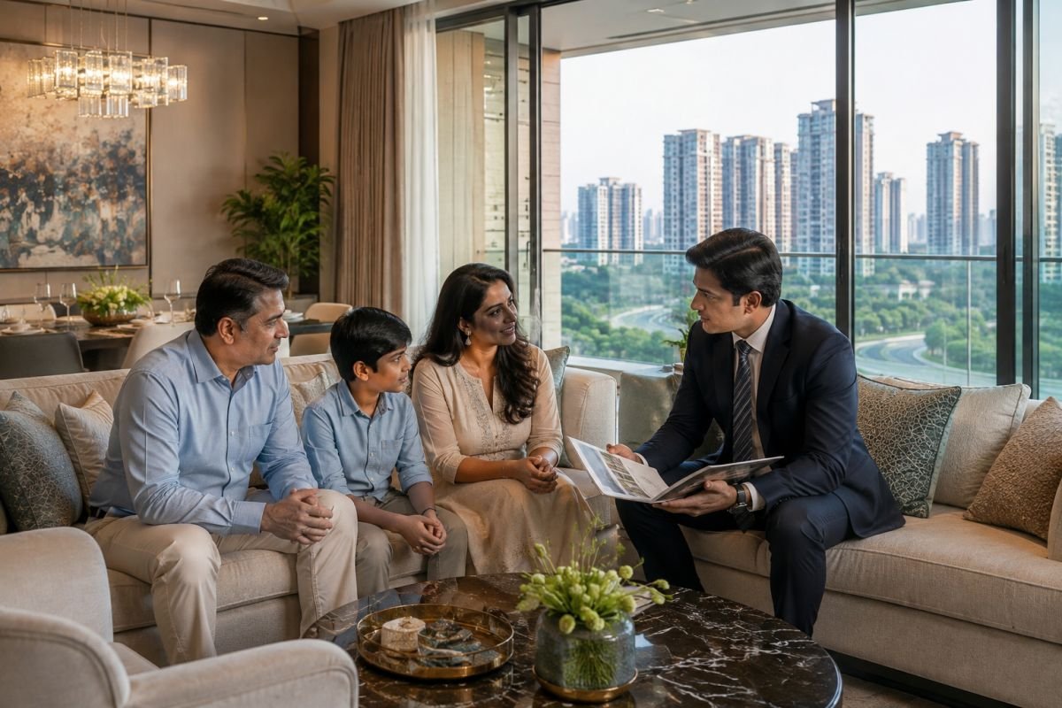 Female homebuyer evaluating luxury apartment in Gurgaon