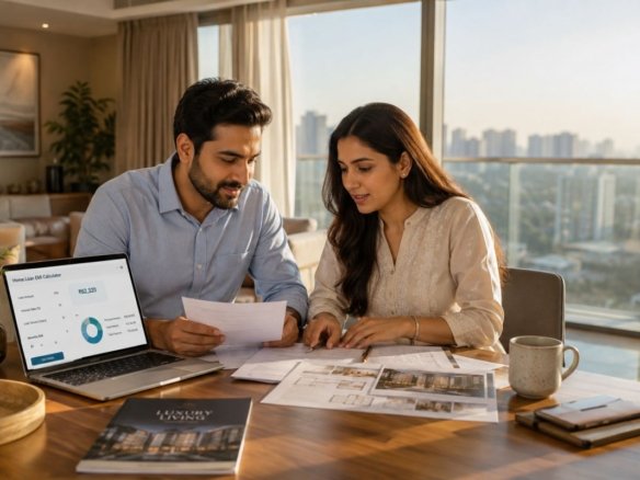 Young professional couple reviewing joint home loan eligibility documents for a Gurgaon property purchase