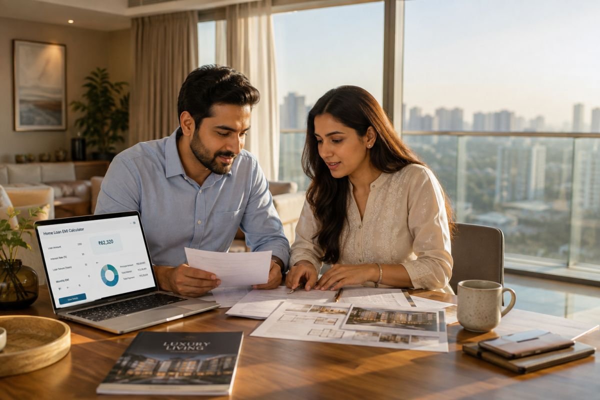 Young professional couple reviewing joint home loan eligibility documents for a Gurgaon property purchase