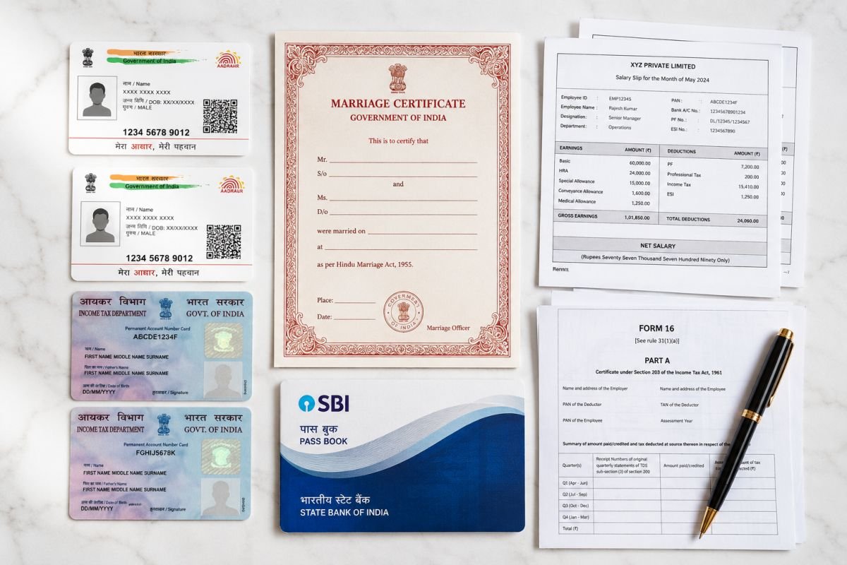 Flat lay of essential joint home loan documents including Aadhaar, PAN, marriage certificate, and salary slips