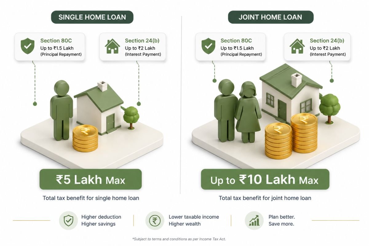 Side-by-side comparison showing single applicant versus joint applicant tax deductions under Sections 80C and 24b