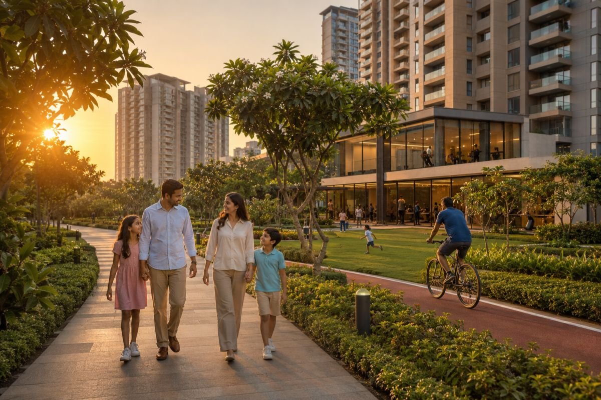 Family enjoying luxury second home lifestyle in Gurgaon gated community