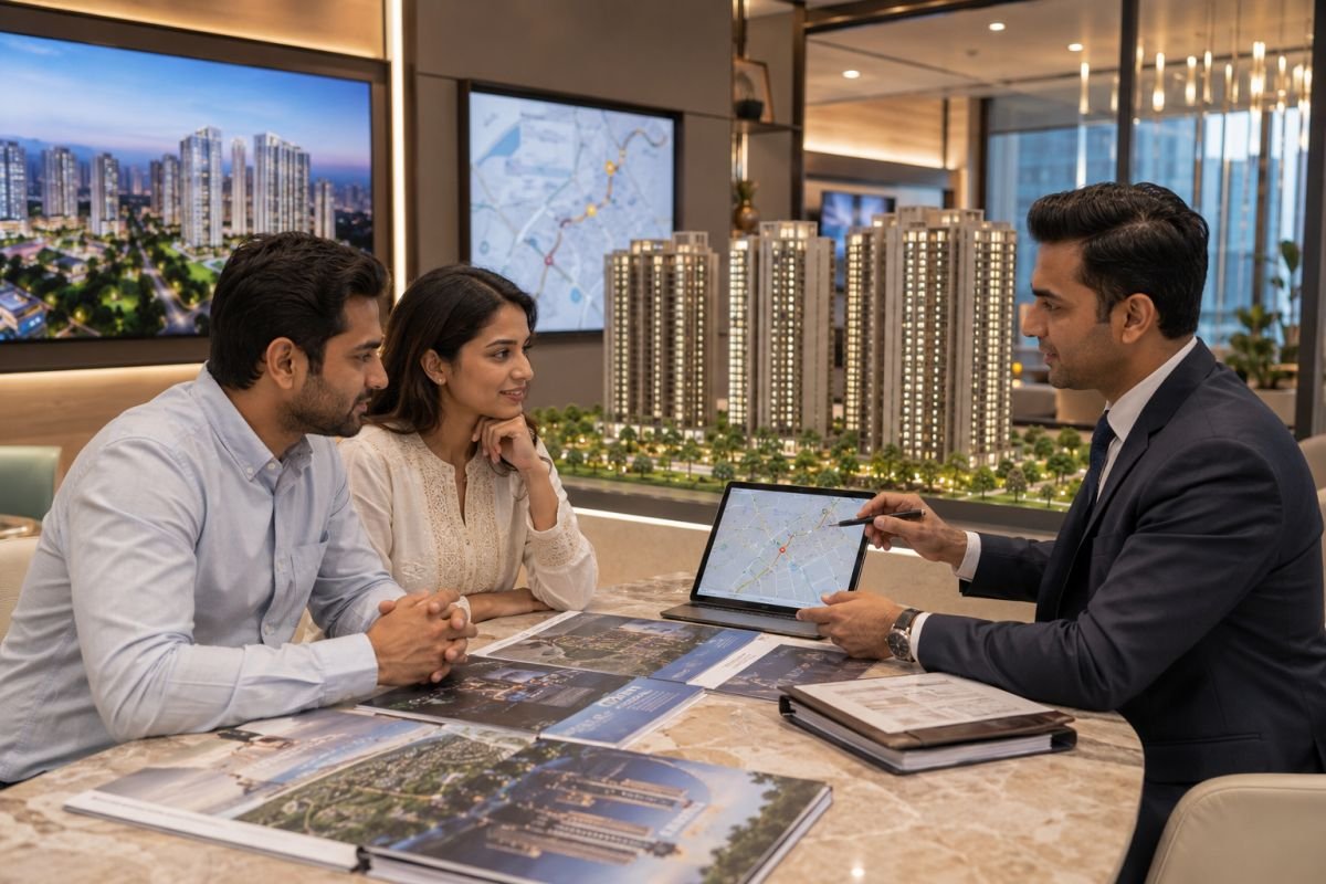 NRI couple finalizing home purchase in Gurgaon with property advisor