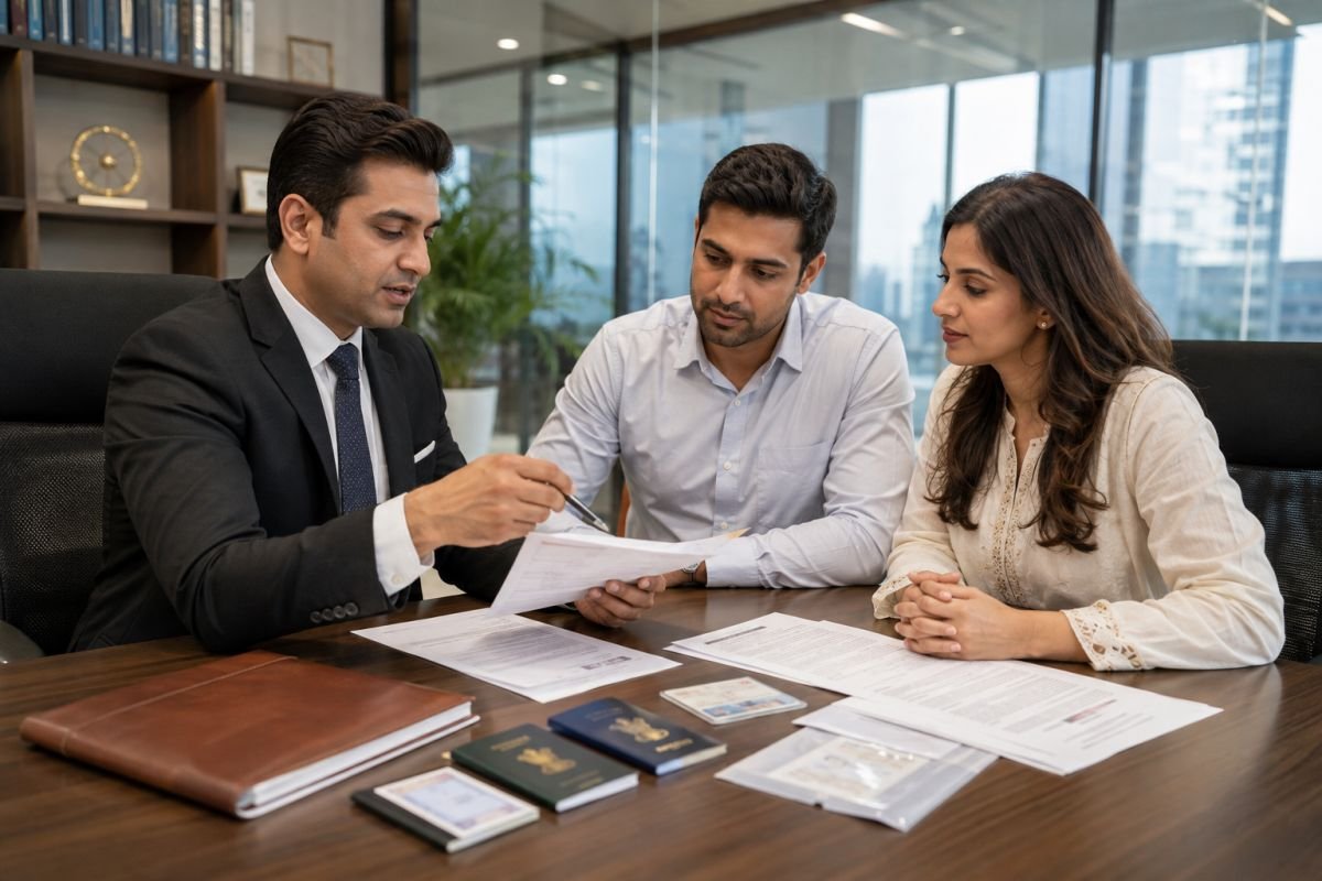NRIs reviewing property documents with legal advisor in Gurgaon