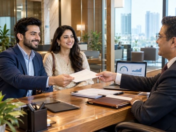 Indian couple receiving a pre-approved home loan before buying property in Gurgaon