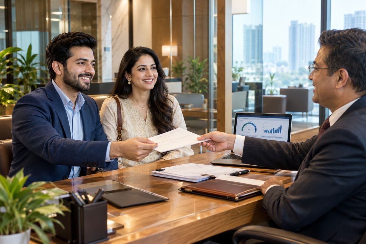 Indian couple receiving a pre-approved home loan before buying property in Gurgaon