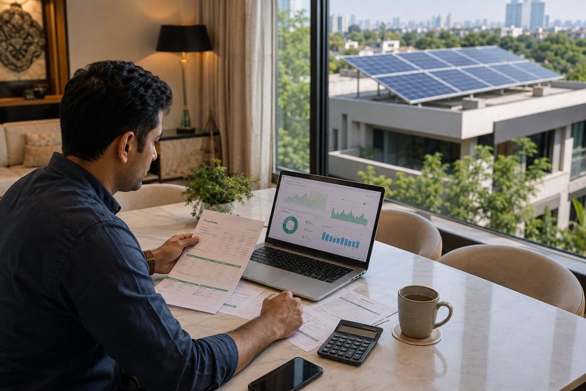 Homeowner reviewing rooftop solar electricity savings in Gurgaon