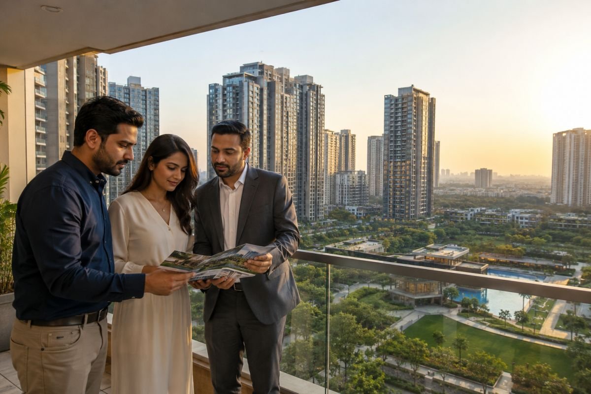 Indian couple exploring luxury second home investment opportunities in Gurgaon